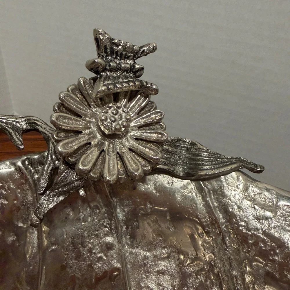 Aluminum Leaf Bowl Frog Flower Butterfly Nature Serving‎ Dish Silver Boho Decor
